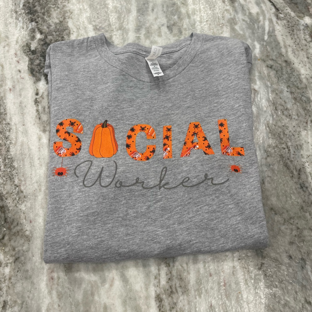 Bella Canvas medium gray short sleeve Halloween Social Worker tee shirt